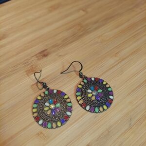 Women's Bohemian Vintage Mandala Design Bronze/Multicolored Earrings dangle